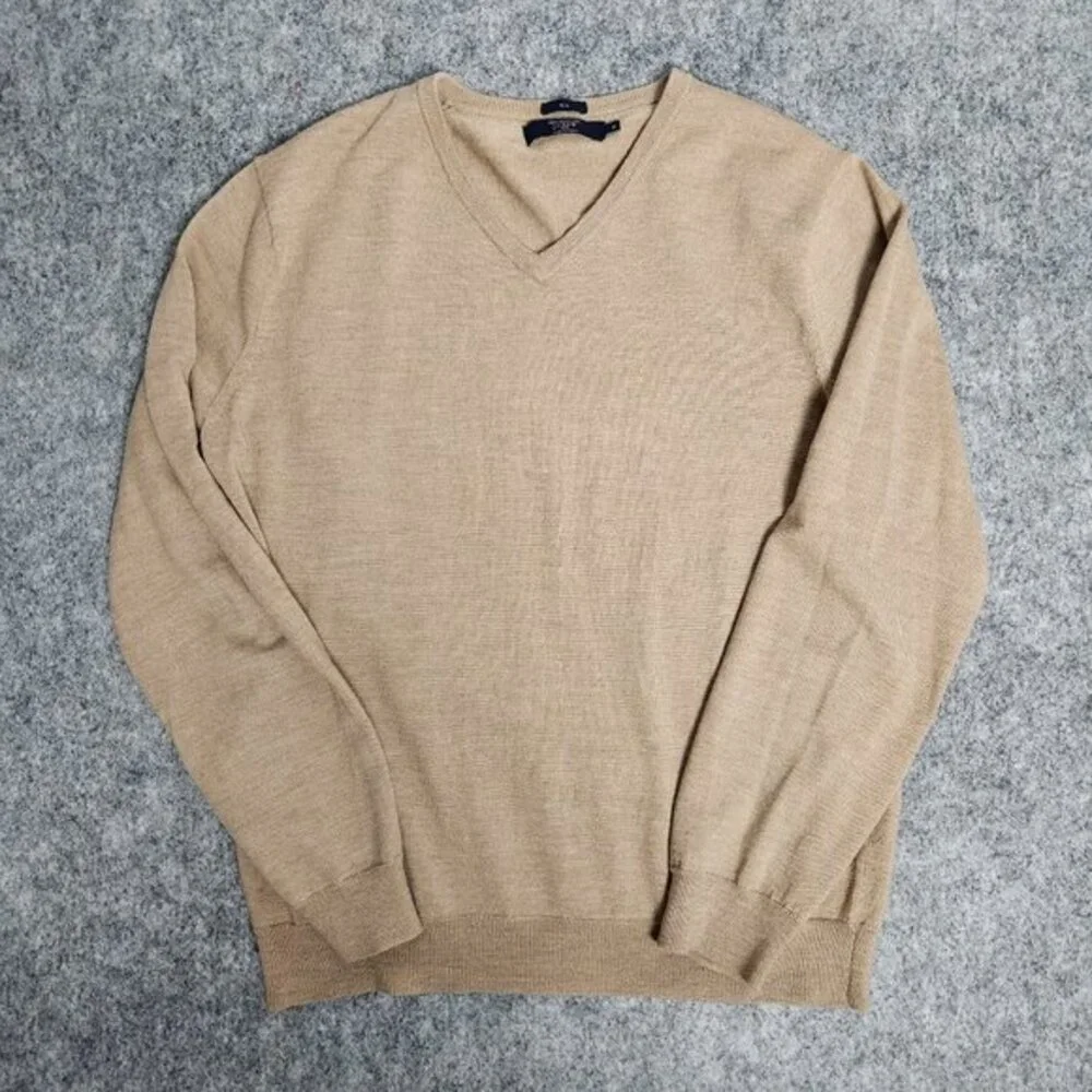 J Crew Sweater Men XL 100 Merino‎ Wool Slim Brown V Neck Long Sleeve 03795